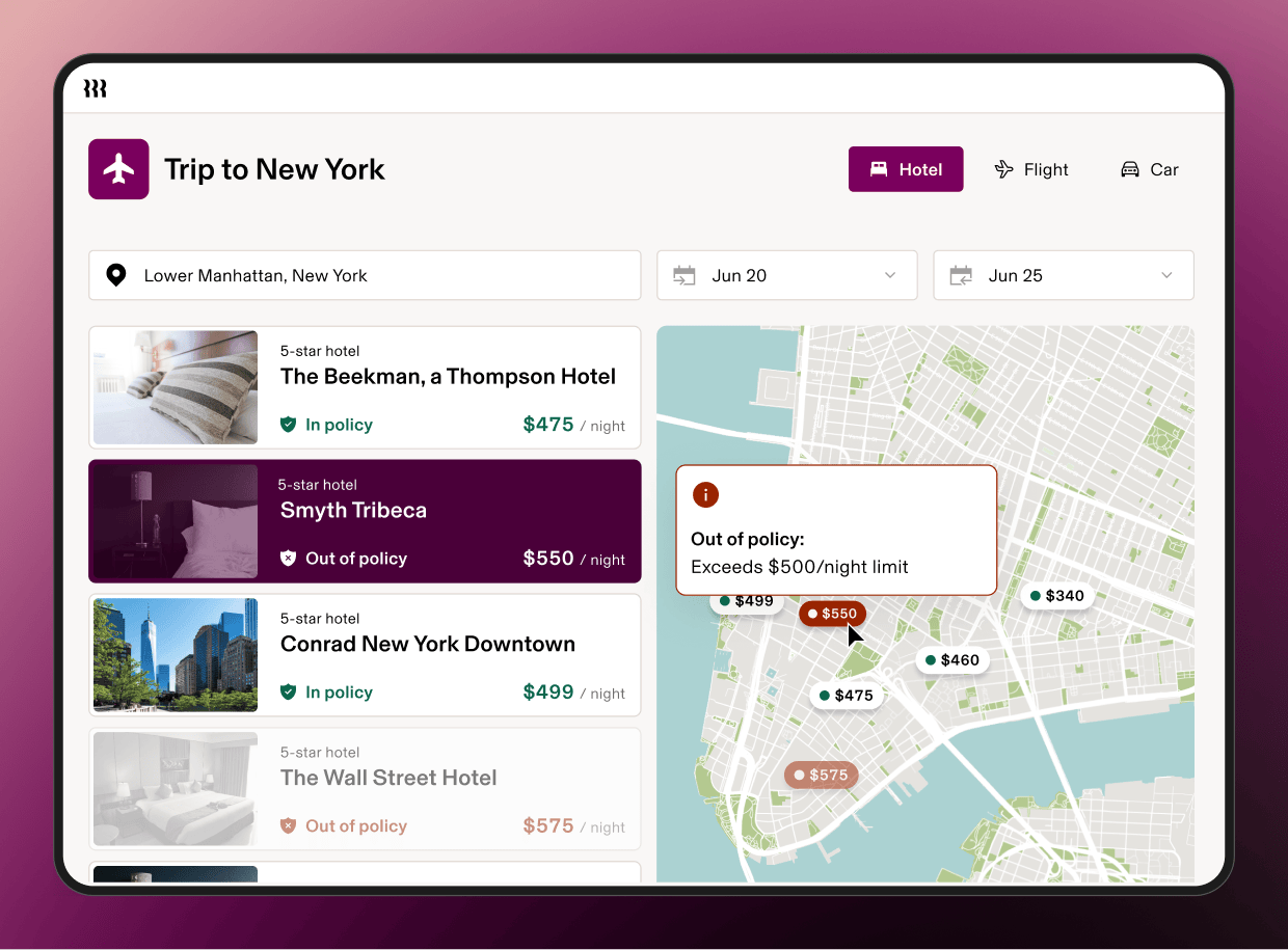 Tablet showing a screen in Rippling Travel titled "Trip to New York" with a list of hotels
