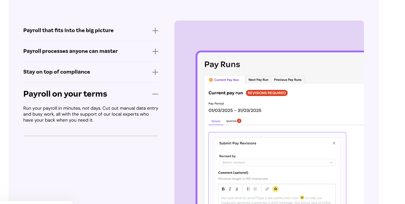 Payroll software interface showing pay run management with expandable menu options and a revision submission form.