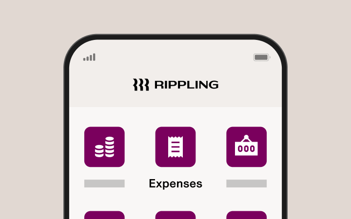 Smartphone displaying Rippling app interface with purple icons and "Expenses" section visible on a light gray background.