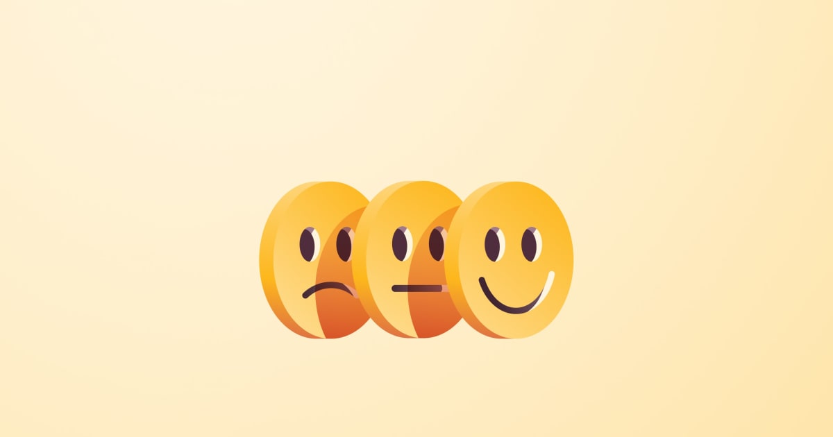 Graphic illustration of a stylized sad face, neutral face, and happy face in a row