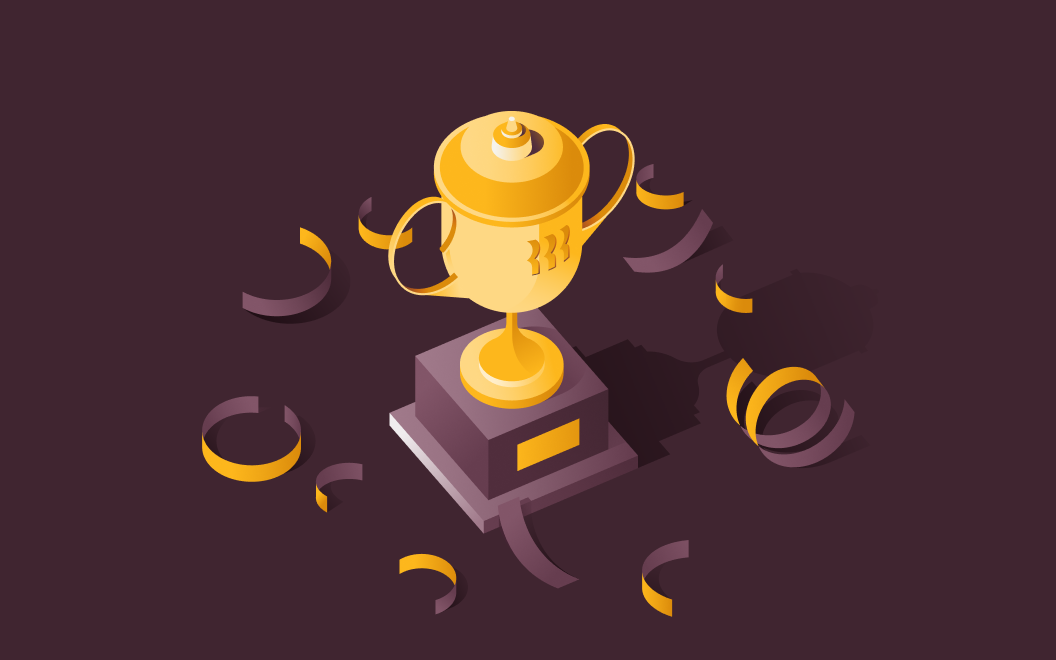 Graphic illustration of a trophy surrounded with confetti