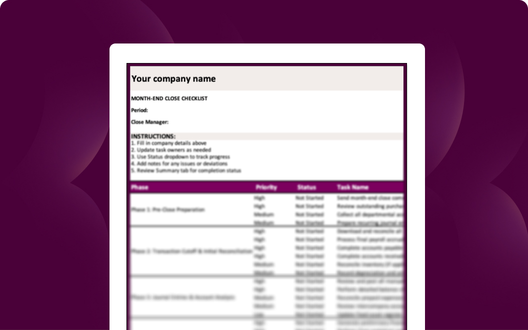 Month-end close checklist template with instructions and task tracking table on purple background