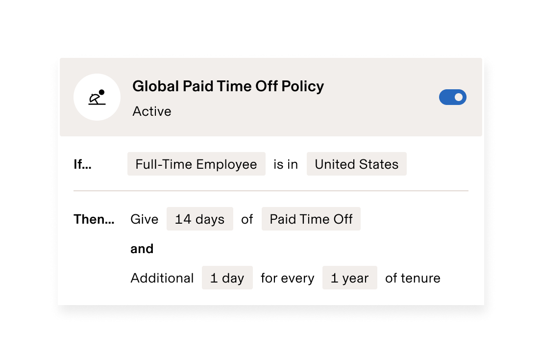 Global Paid Time Off Policy showing 14 days PTO for full-time US employees plus 1 additional day for each year of tenure.