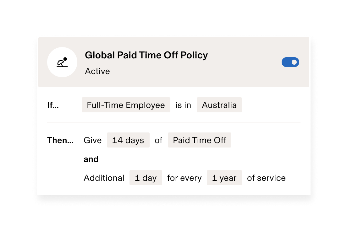 Global Paid Time-Off Policy showing 14 days PTO for full-time US employees plus one additional day for each year of tenure.