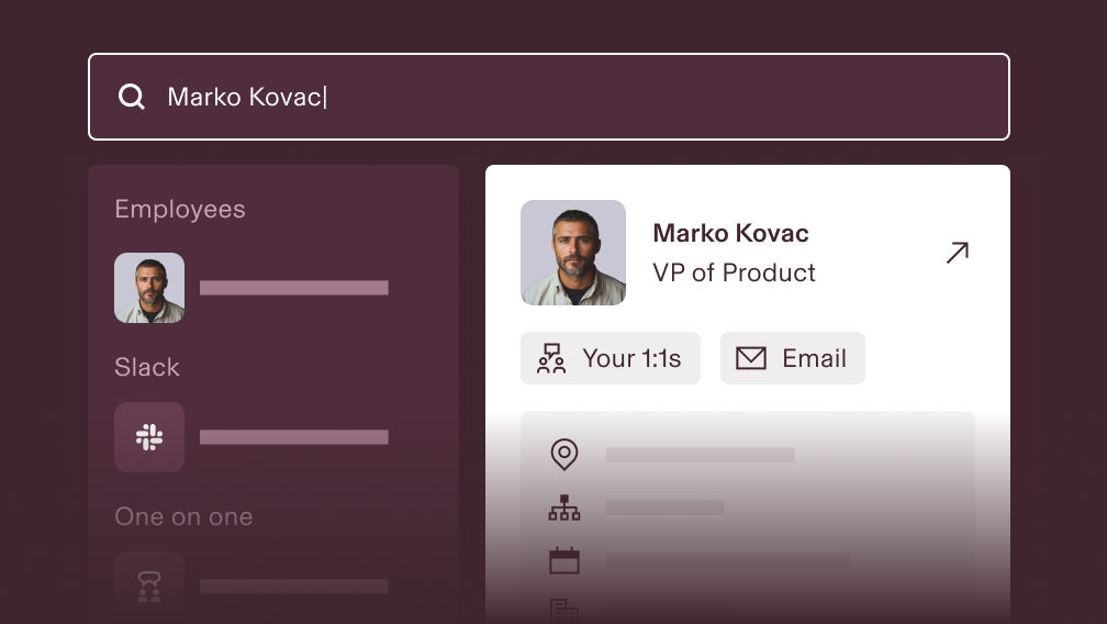 Stylized screenshot showing a search bar in Rippling with the name "Mark Korvac" and an employee profile for Marko Kovac in the search results