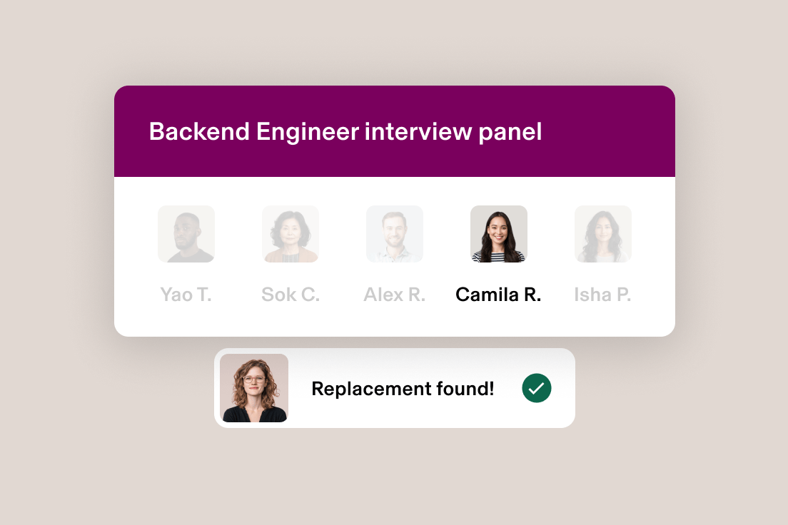 L’interface de gestion des entrevues présente une notification indiquant que Camila est absente et un statut de chargement pour la recherche d’un remplaçant.