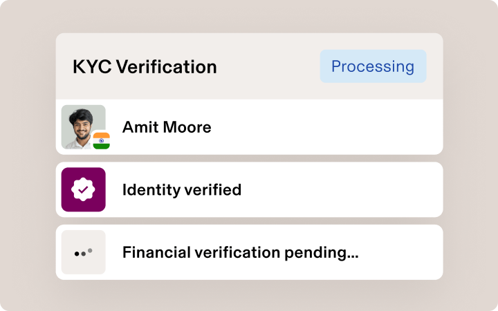 KYC verification interface showing processing status, identity verified, and financial verification pending for an employee from India.