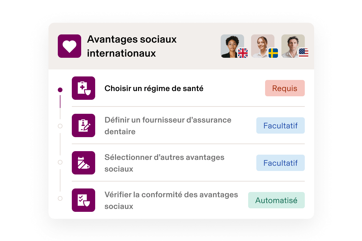 Interface d’adhésion aux avantages sociaux internationaux affichant quatre étapes : choix du régime de santé, configuration de l’assurance dentaire, sélection d’autres avantages sociaux et vérification de la conformité.