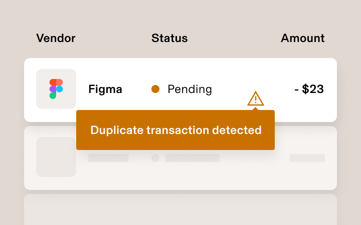 Financial interface showing pending Figma transaction for $23 with orange warning alert for duplicate transaction detected.