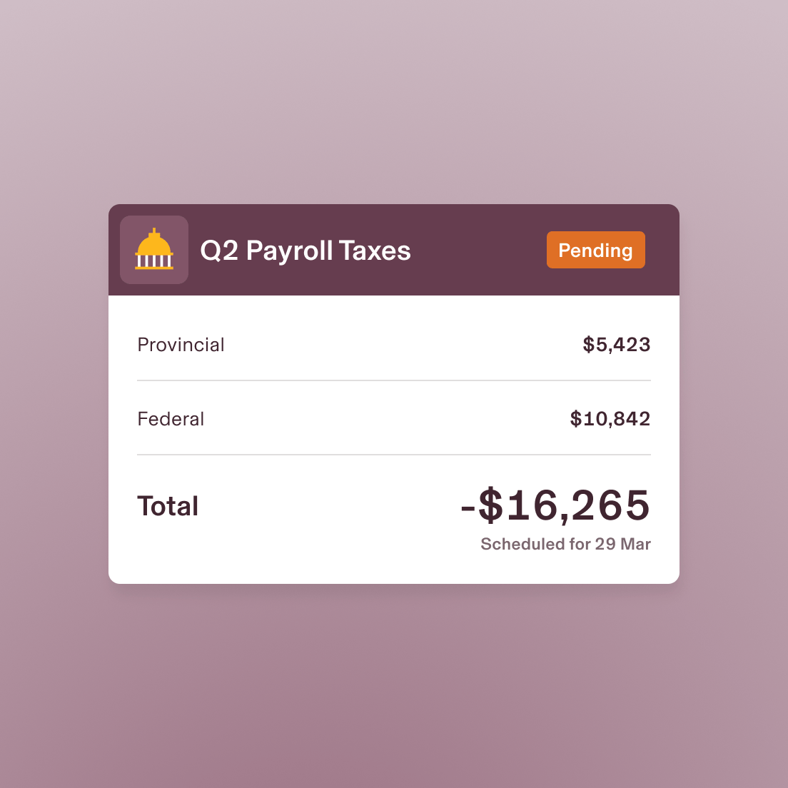 Screenshot of a card titled Q2 Payroll Taxes listing provincial and federal taxes and the sum of the two