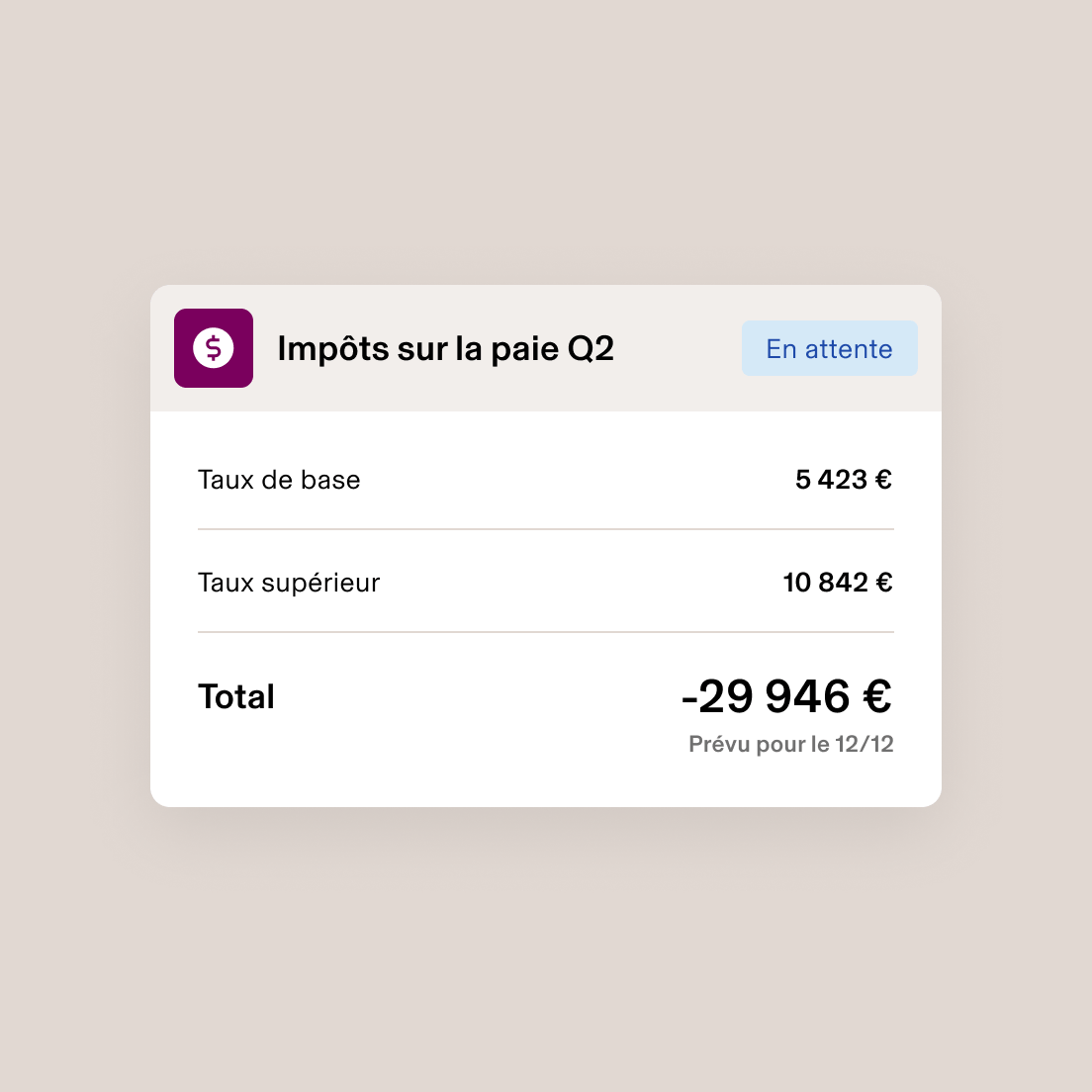 Capture d’écran d’une carte intitulée « Cotisations sociales T2 » indiquant les impôts provinciaux et fédéraux, ainsi que leur total