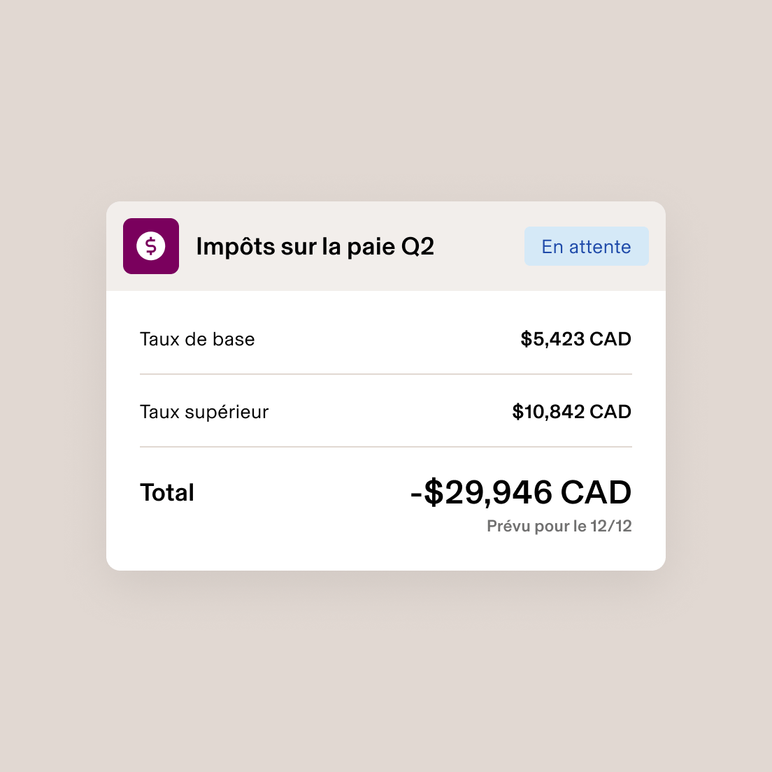 Capture d’écran d’une carte intitulée « Impôts sur la masse salariale du T2 » énumérant les impôts provinciaux et fédéraux et la somme des deux