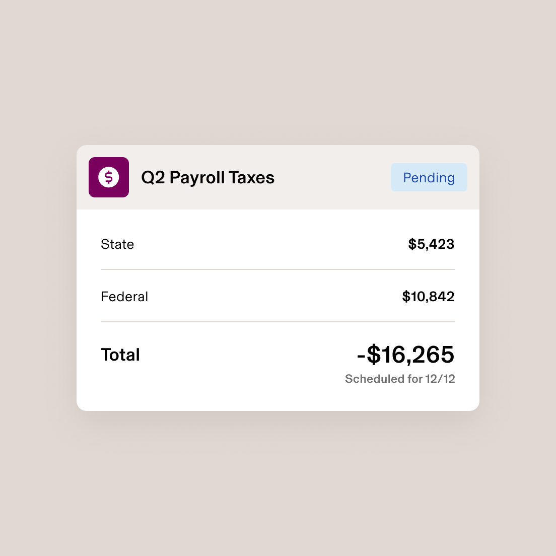 Screenshot of a card titled Q2 Payroll Taxes listing provincial and federal taxes and the sum of the two