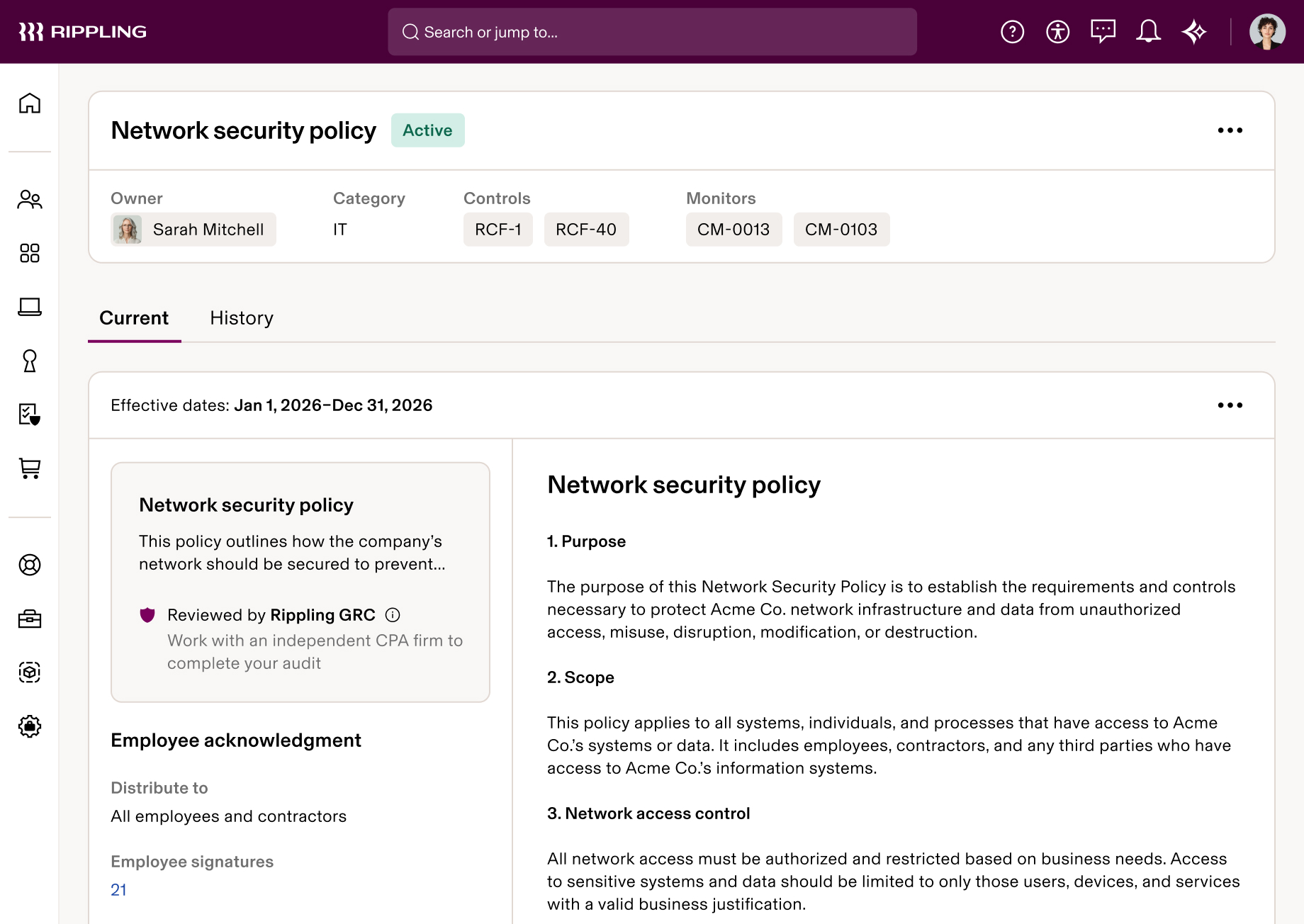 Rippling interface showing active network security policy details with controls, monitors, and policy sections for Acme Co.