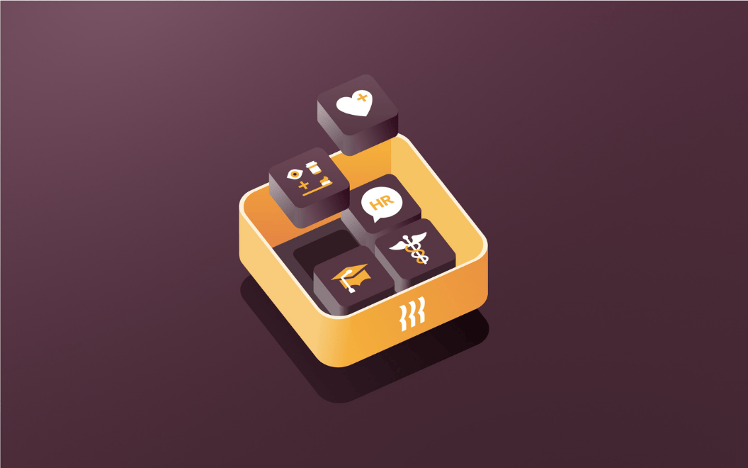 Graphic illustration of a box full of Rippling app icons representing different kinds of employer benefits, such as health insurance and tuition reimbursement