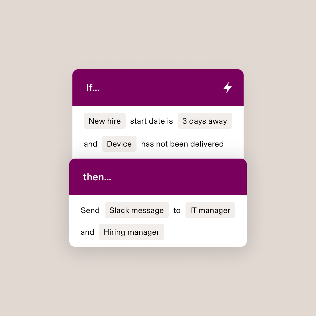 Automation workflow showing if new hire starts in 3 days without device delivery, then send Slack message to IT and hiring managers.