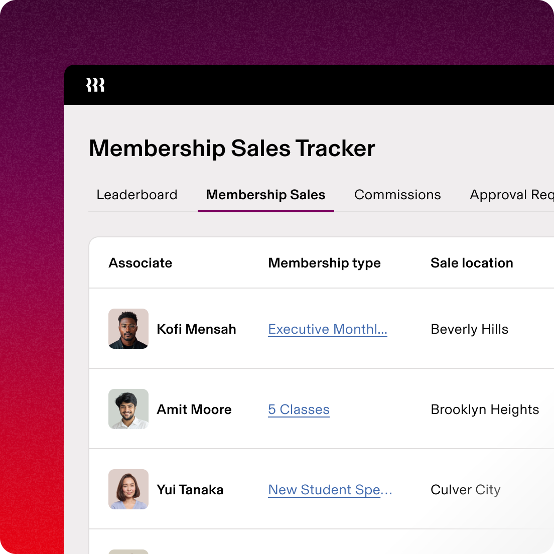 Screen in Rippling on a tablet titled “Membership Sales Tracker” with a list of sales associates by membership type and sales location