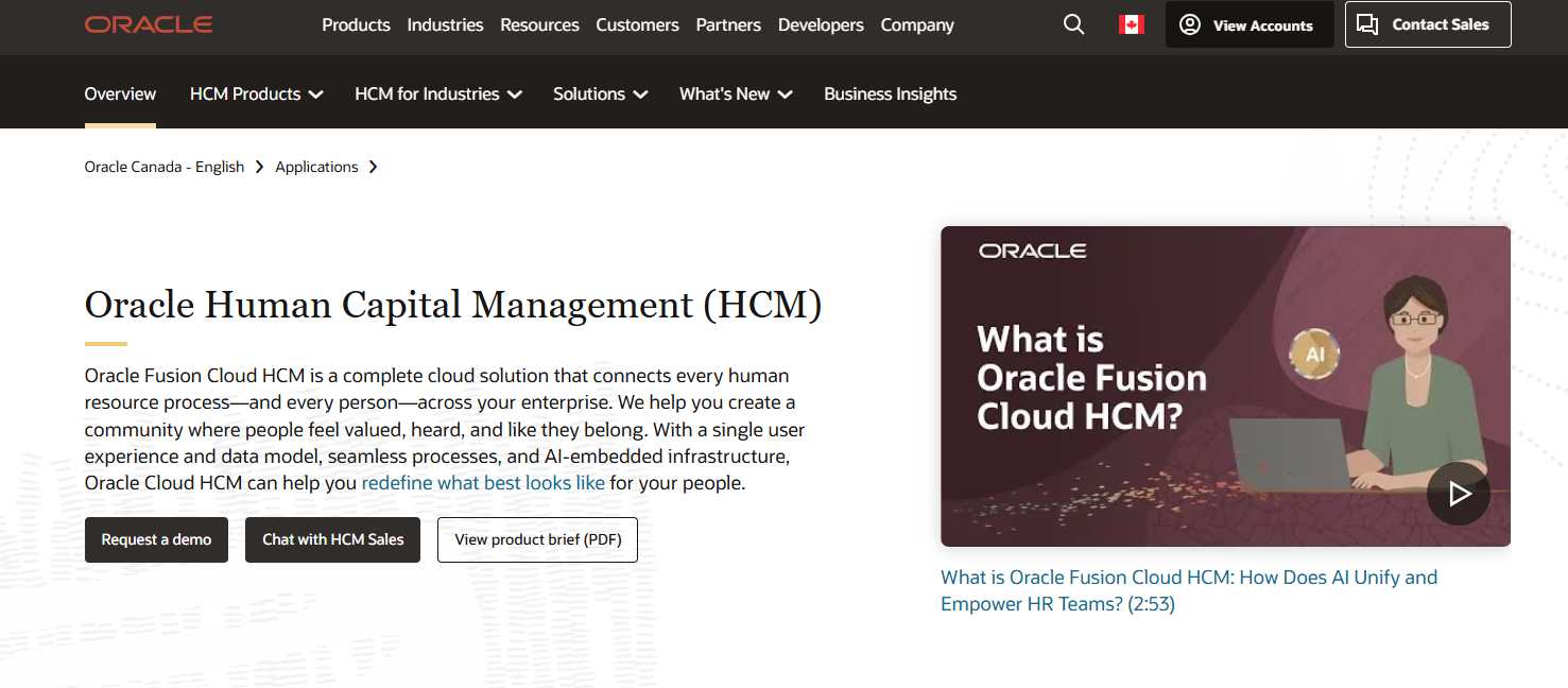 Oracle website showing HCM product page with navigation menu and video thumbnail featuring cartoon character with AI icon.