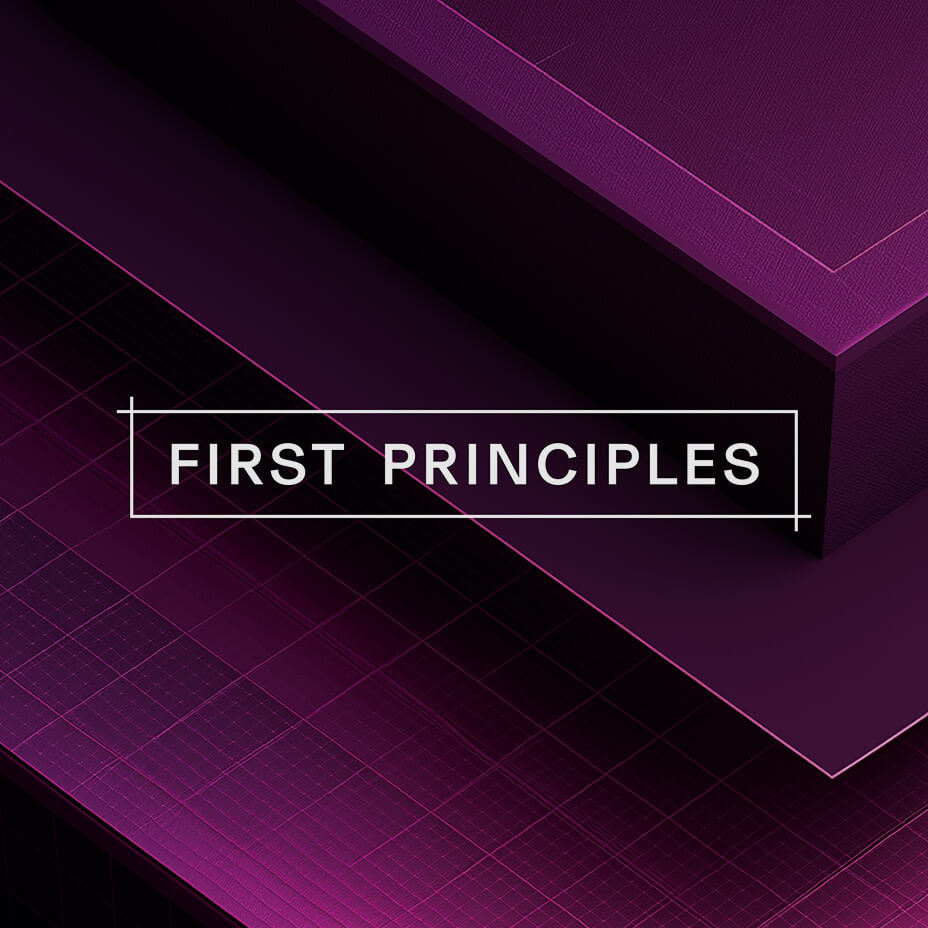 Abstract purple geometric background with 3D shapes and grid lines featuring the text "FIRST PRINCIPLES" in white.