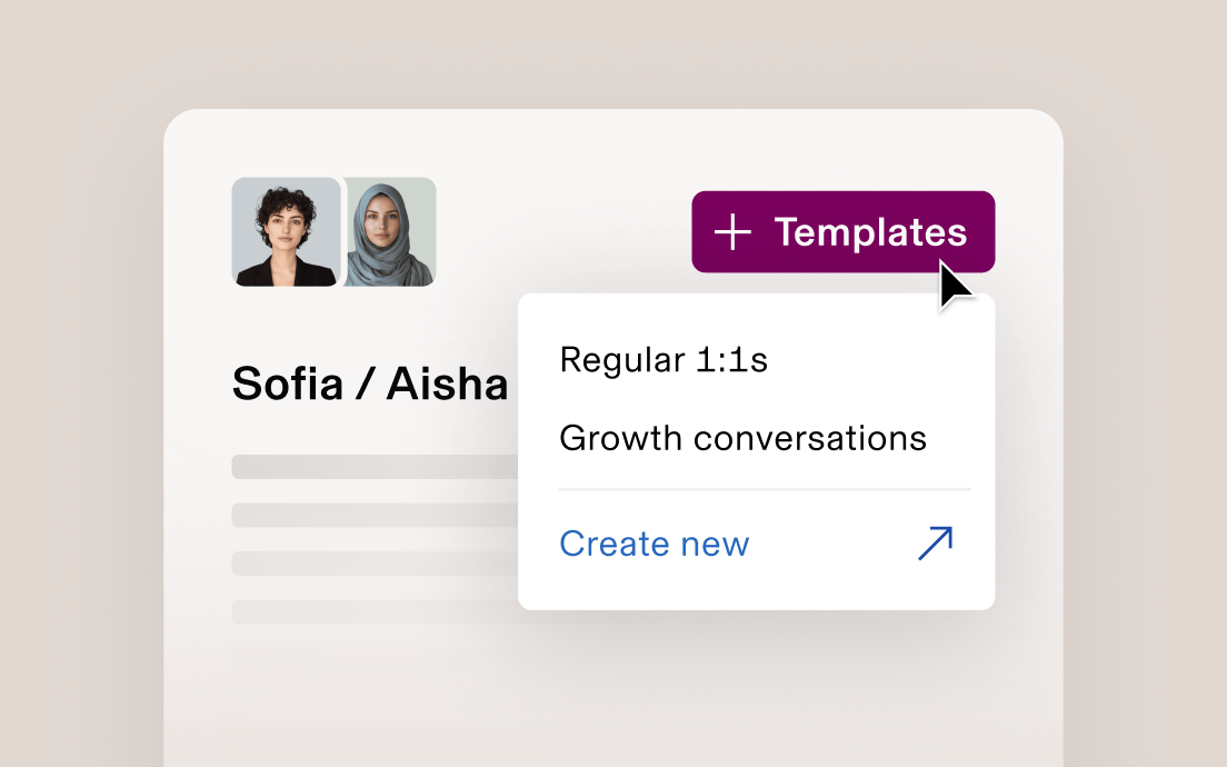 User interface showing profile thumbnails, "Sofia / Aisha" heading, and a templates dropdown menu with options for conversations.