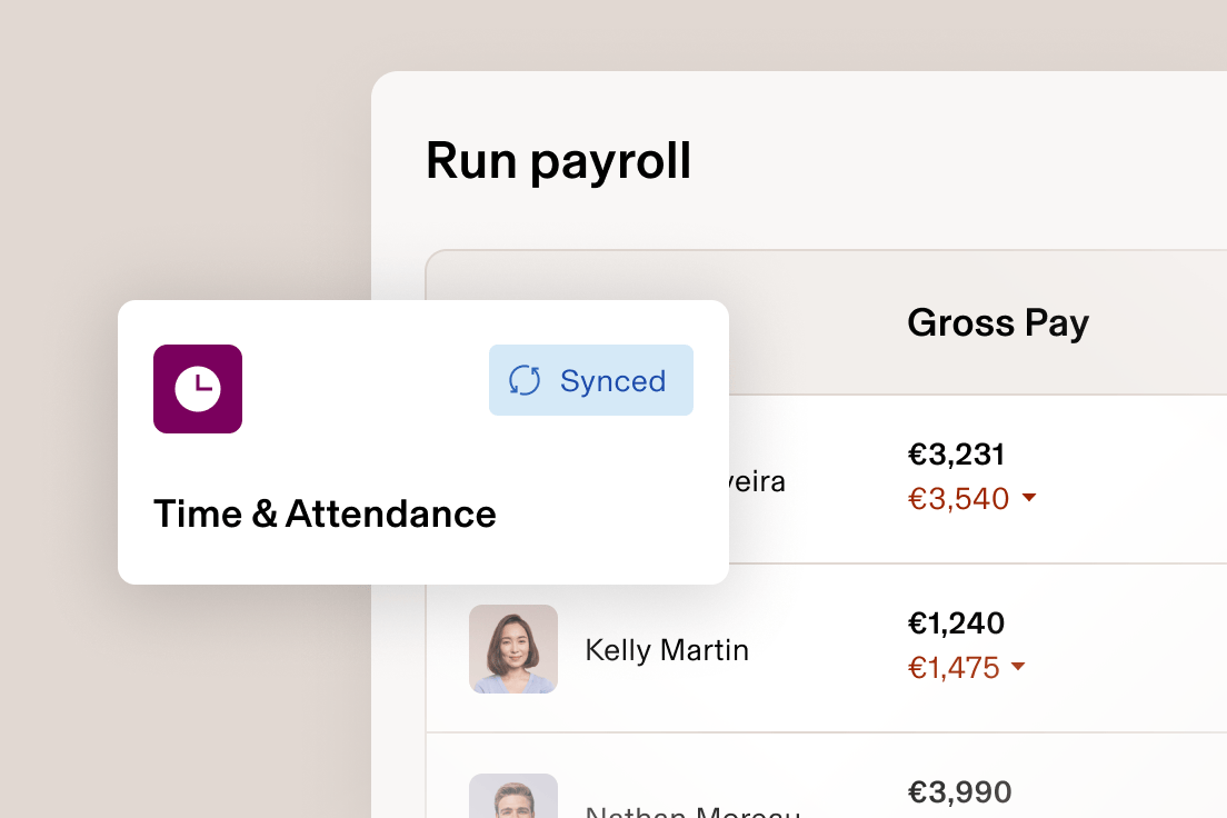Payroll management interface showing "Run payroll" screen with Time & Attendance module, synced status, and employee gross pay amounts.