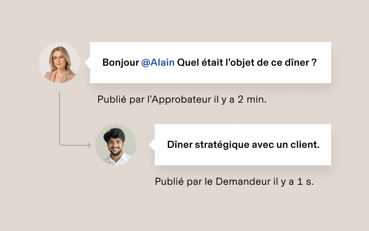 Conversation sur un réseau social entre deux utilisateurs au sujet d’un dîner avec un client, ainsi que des images de profil et des horodatages.