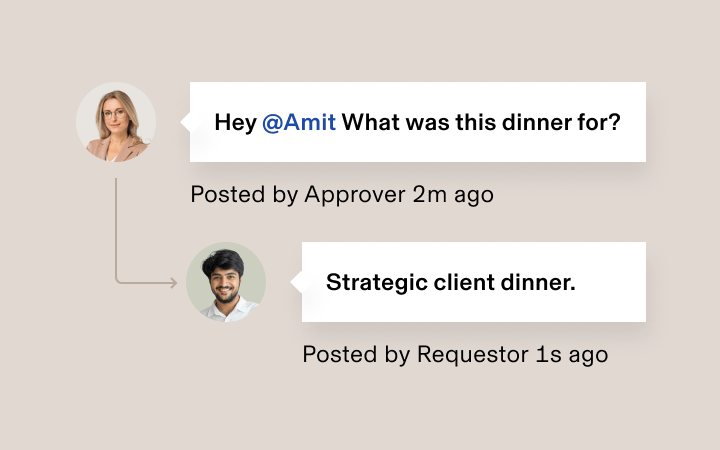 Social media conversation between two users about a strategic client dinner, with profile pictures and timestamps.