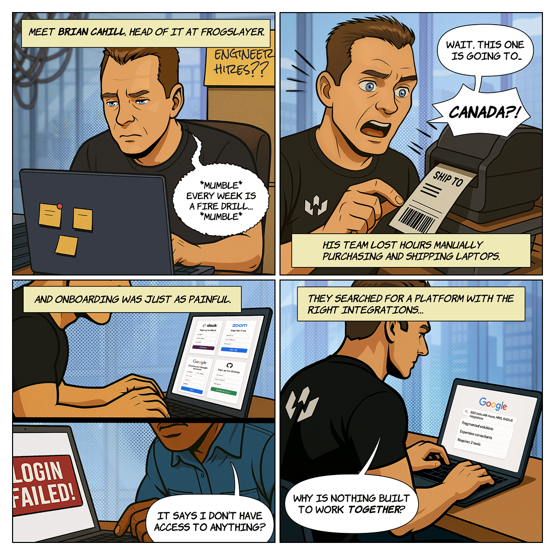 Five-panel comic featuring Brian Cahill, Head of IT at Frogslayer, illustrating his struggles before Rippling with manually purchasing and shipping laptops and providing provisioning and access during onboarding