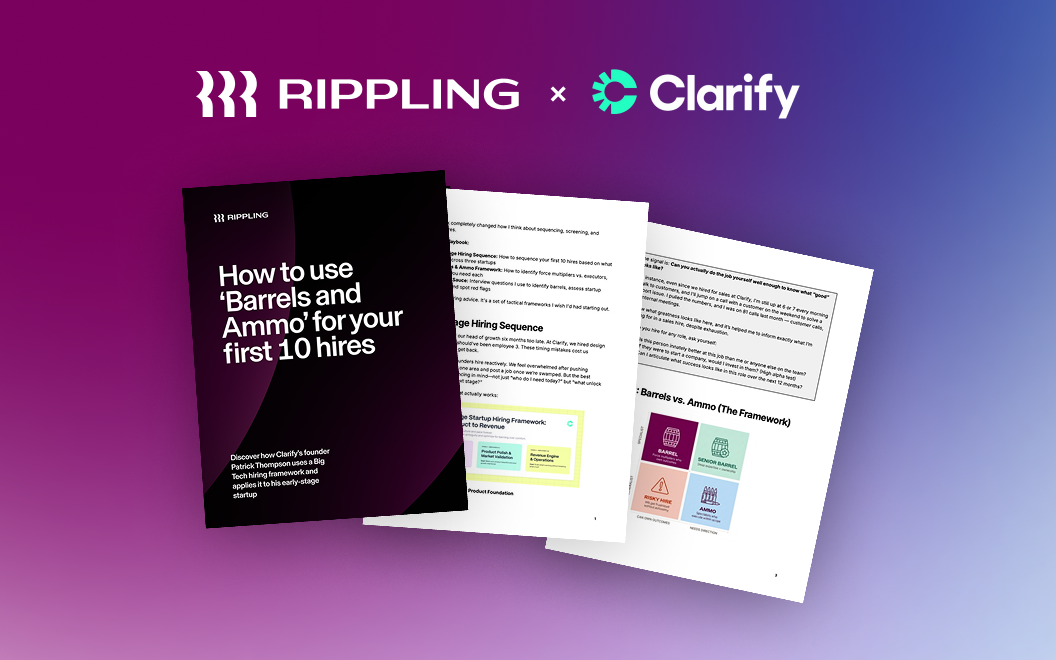 Picture of three pages of the Clarify's "Barrels and Ammo" framework on top of a purple and blue gradient background