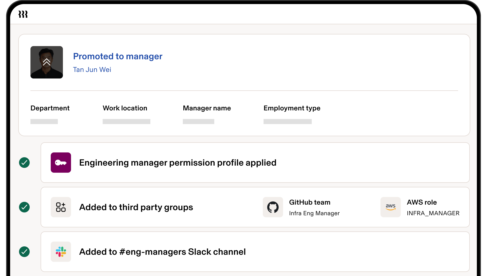 Mobile screen showing promotion notification for Tan Jun Wei with engineering manager permissions and third-party access setup.