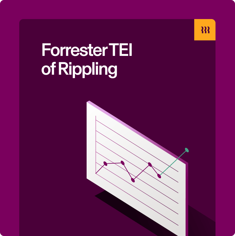 Forrester TEI of Rippling report cover with graph showing upward trend on purple background with yellow logo.