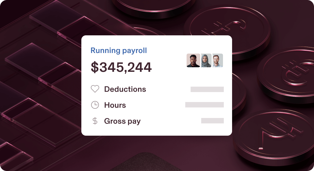 Payroll dashboard showing $345,244 running total with deductions, hours, and gross pay options against a dark purple background.