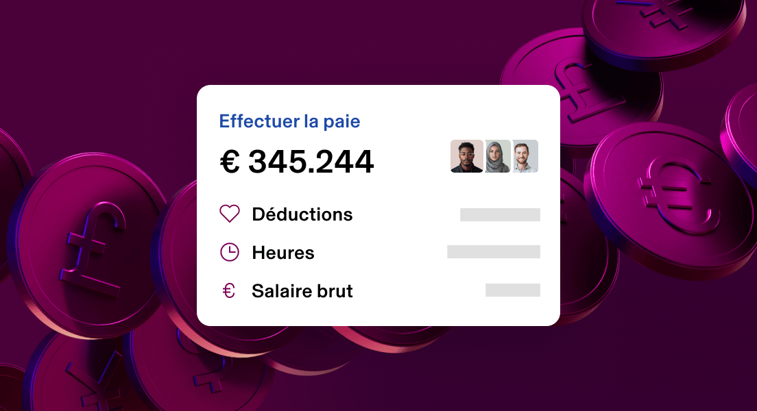 Tableau de bord de gestion de la paie présentant un total cumulé de 345 244 $, avec les options de retenues sur salaire, d’heures et de salaire brut sur un fond violet foncé.