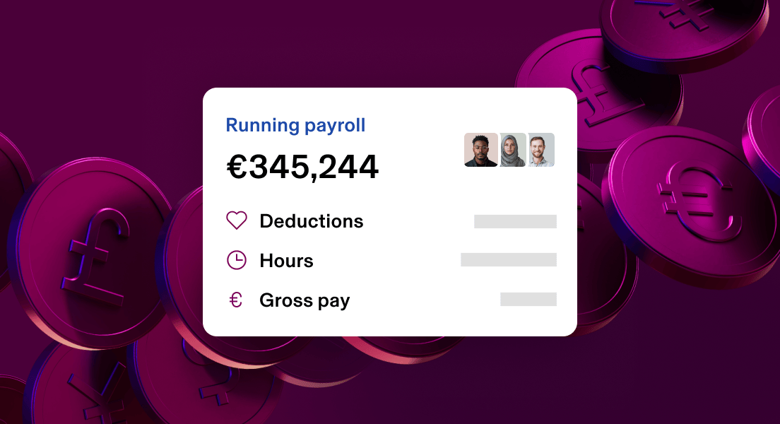 Payroll dashboard showing $345,244 running total with deductions, hours, and gross pay options against a dark purple background.