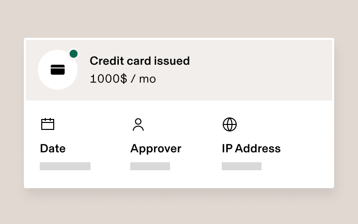 Credit card notification showing $1000/month limit with icons for Date, Approver, and IP Address information.