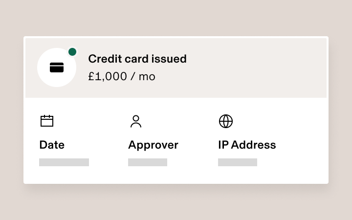 Credit card notification showing $1000/month limit with icons for Date, Approver and IP Address information.