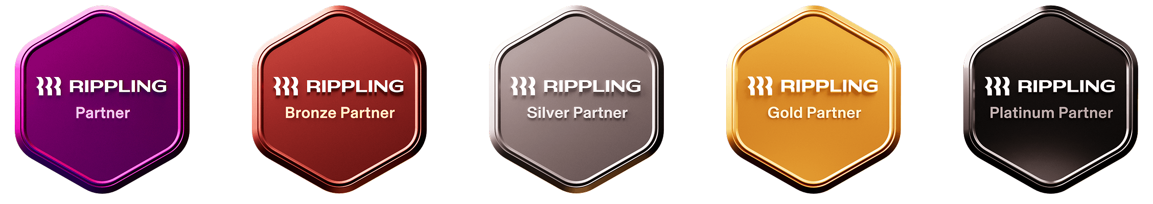 Five hexagonal Rippling partnership badges in different metallic colors: purple, bronze, silver, gold, and platinum.