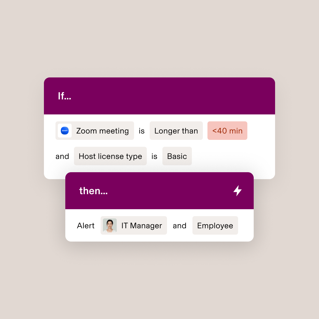 Automation workflow showing if Zoom meeting is longer than 40 min with Basic license, then alert IT Manager and Employee.