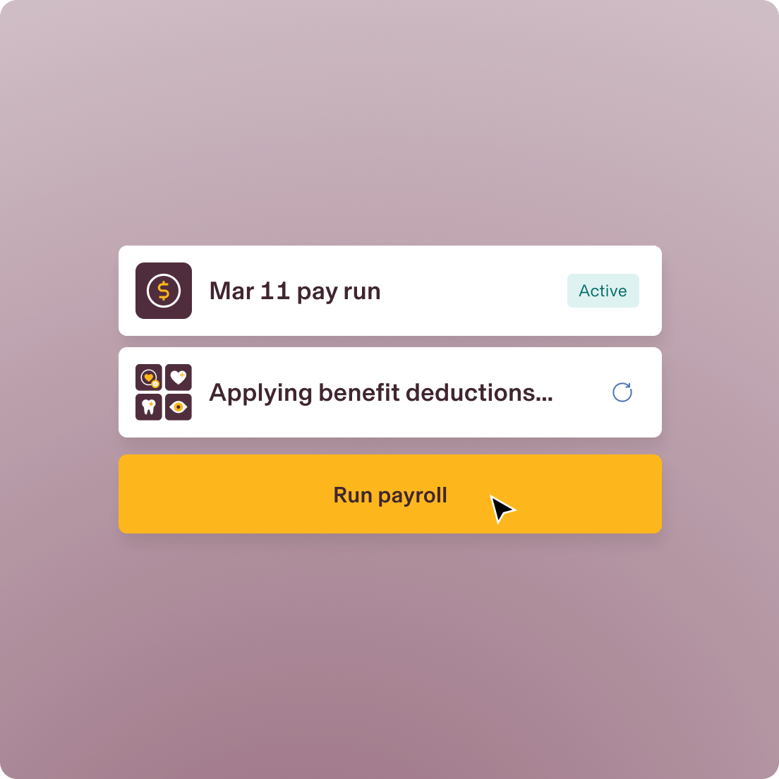 Screenshot of a Rippling automated rule titled Mar 11 pay run and an in-progress one step that says Applying benefit deductions