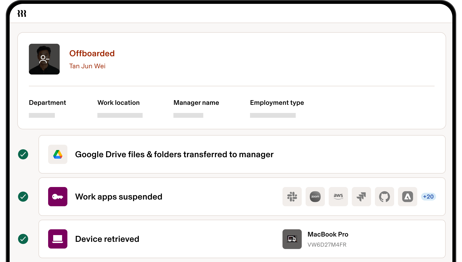 Employee offboarding screen showing completed tasks: Google Drive transfer, work apps suspended, and MacBook Pro retrieved.