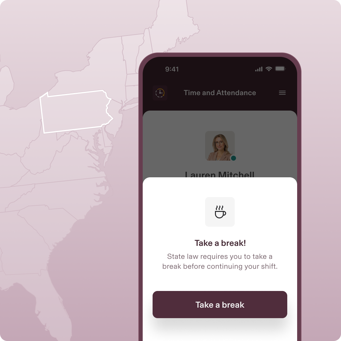 Screenshot of a reminder from Rippling on a phone that says Take a break