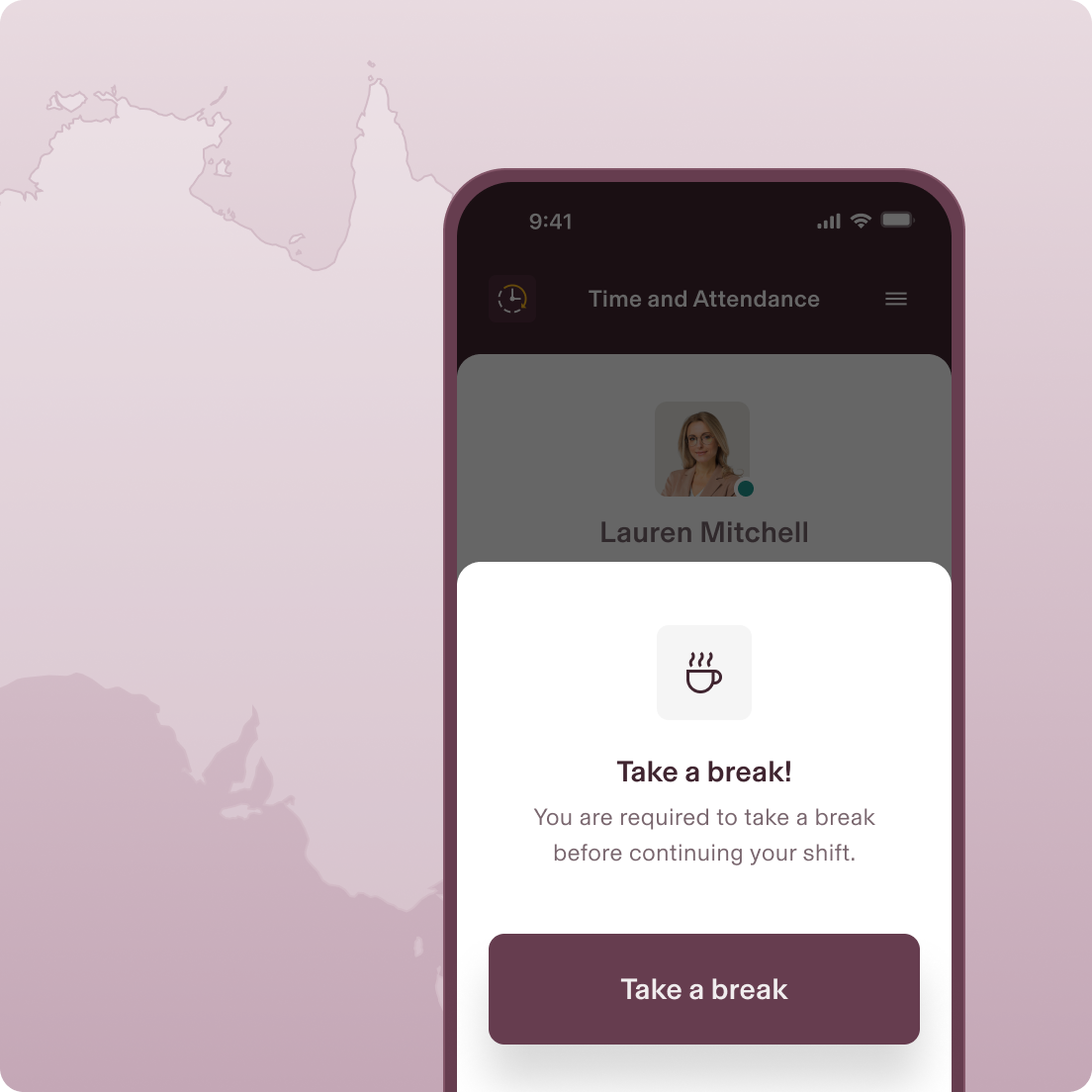 Screenshot of a reminder from Rippling on a phone that says Take a break