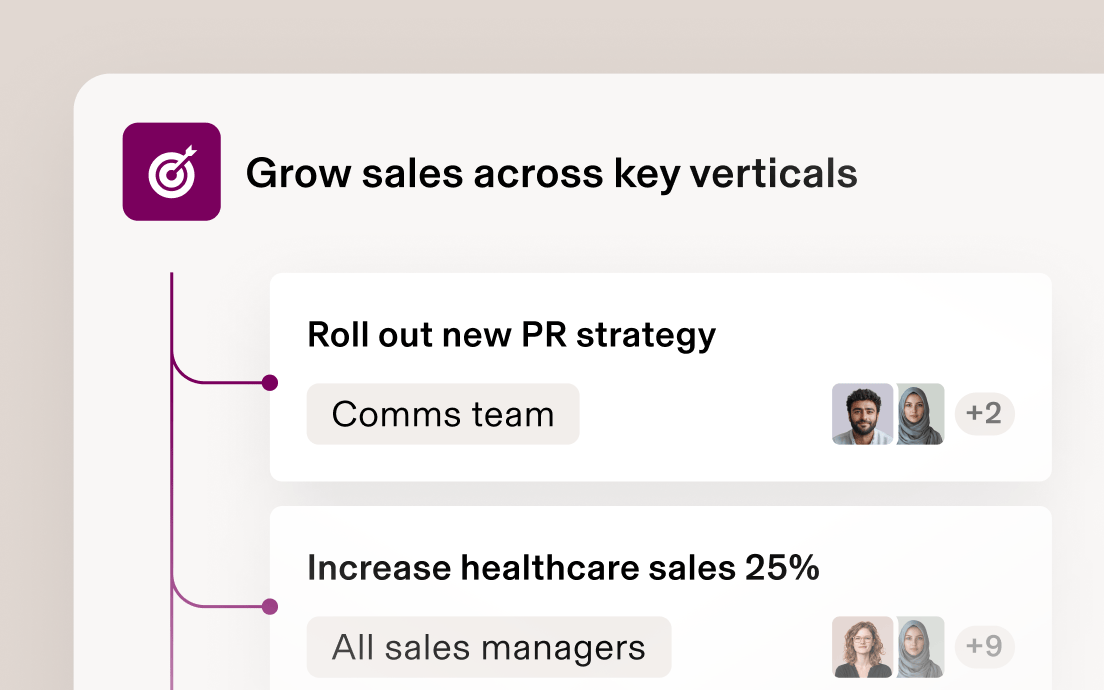 Business strategy interface showing sales growth goals with target icons, team assignments, and profile pictures of team members.