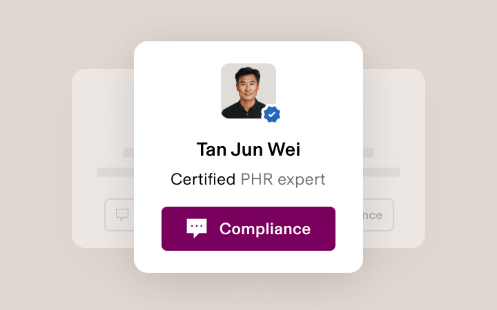Profile card showing a photo of a person with a verification badge. Below the photo, it reads "Tan Jun Wei," "Certified PHR expert," and a button labeled "Compliance."