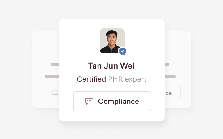 Profile card showing a photo of a person with a verification badge. Below the photo, it reads "Tan Jun Wei," "Certified PHR expert," and a button labeled "Compliance."