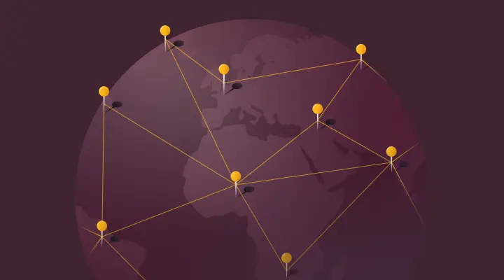 Maroon globe showing Europe and Africa with yellow network pins connected by gold lines, representing global connectivity.