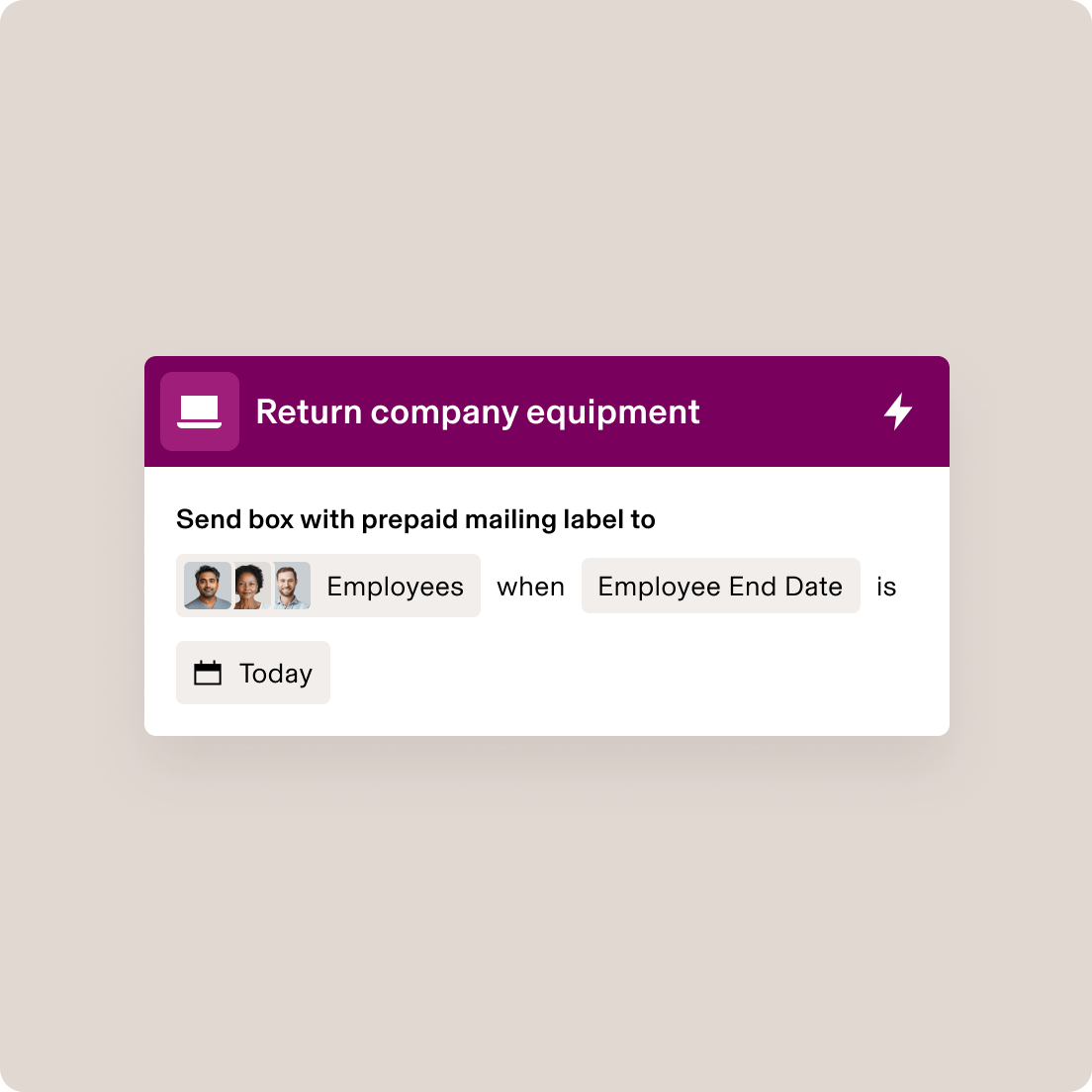 Interface mobile sur laquelle est affiché le workflow « Renvoyer l’équipement de l’entreprise » avec une option d’étiquette d’envoi prépayée prévue pour les collaborateurs le jour de leur départ.