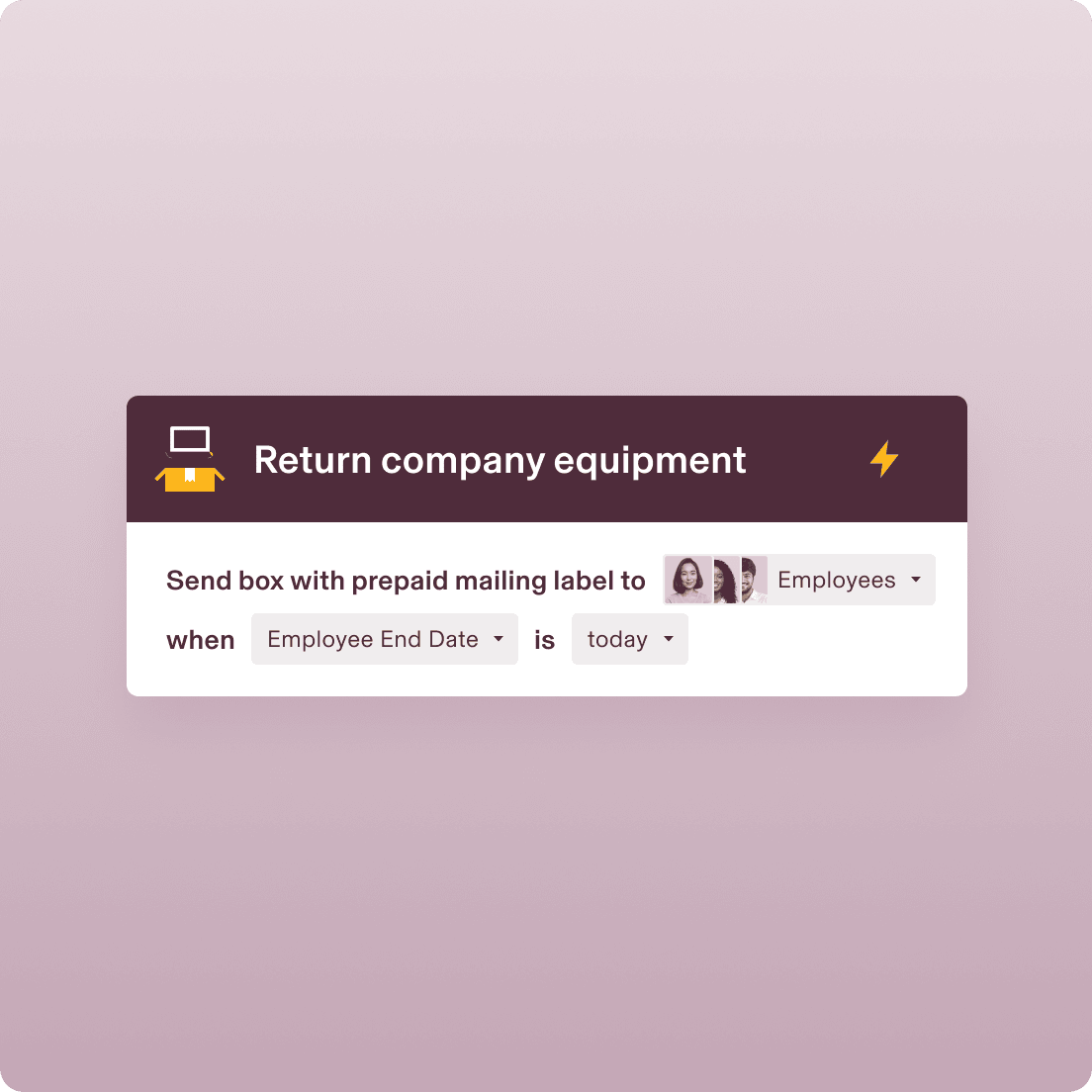Mobile interface showing “Return company equipment” workflow with prepaid mailing label option for employees on their end date.