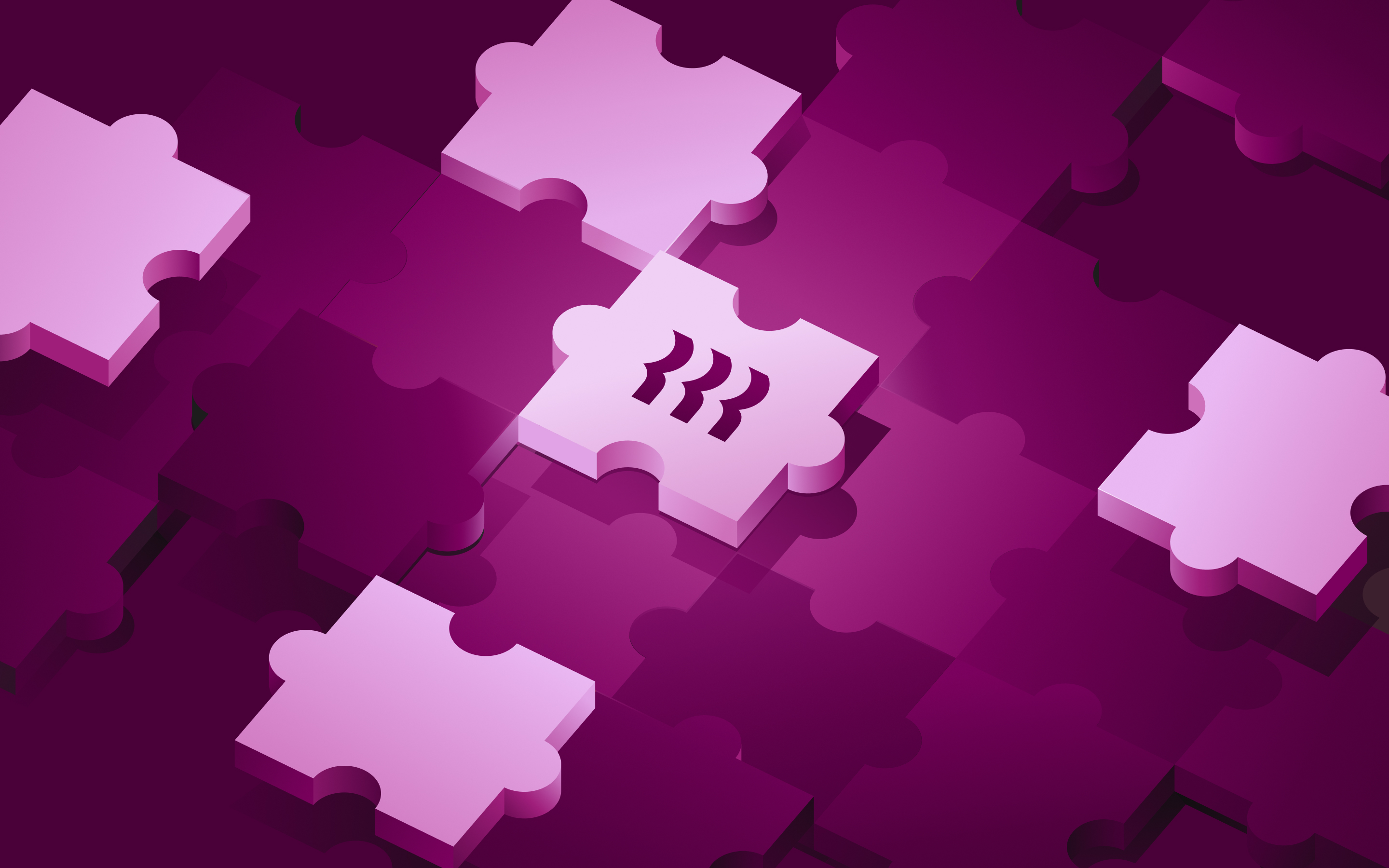 Puzzle pieces in Rippling's plum color. The center puzzle piece has Rippling's logo on it. 