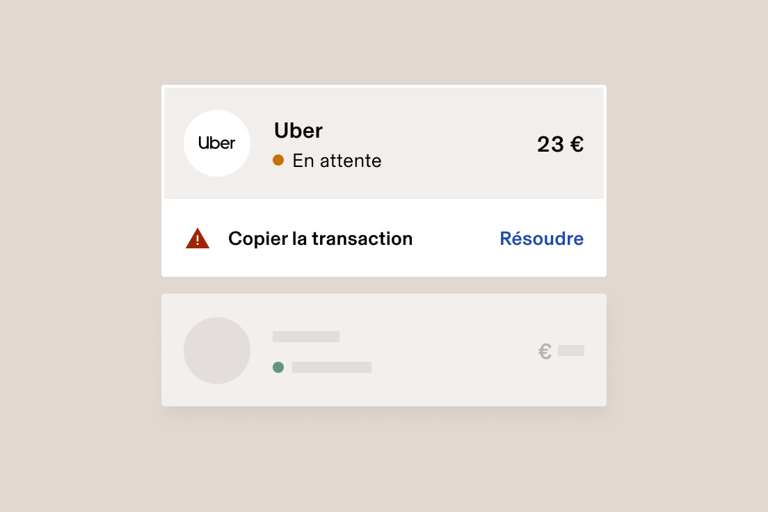 Interface de paiement Uber sur laquelle est affichée une transaction en attente de 23 $ avec un avertissement de doublon et une option de résolution.